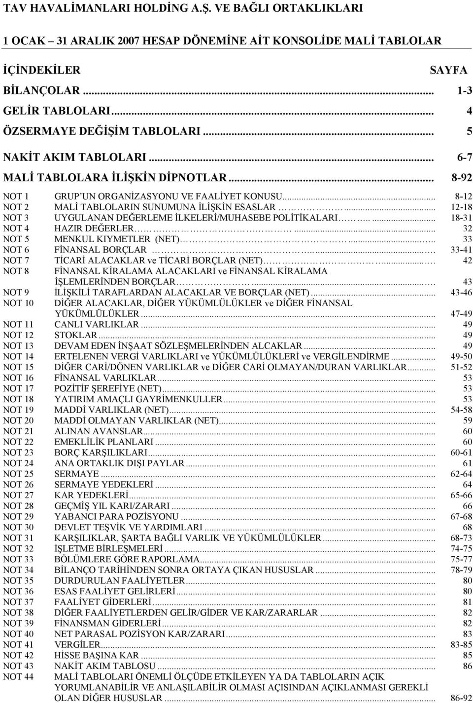 .. 12-18 NOT 3 UYGULANAN DEĞERLEME İLKELERİ/MUHASEBE POLİTİKALARI..... 18-31 NOT 4 HAZIR DEĞERLER... 32 NOT 5 MENKUL KIYMETLER (NET)..... 33 NOT 6 FİNANSAL BORÇLAR.