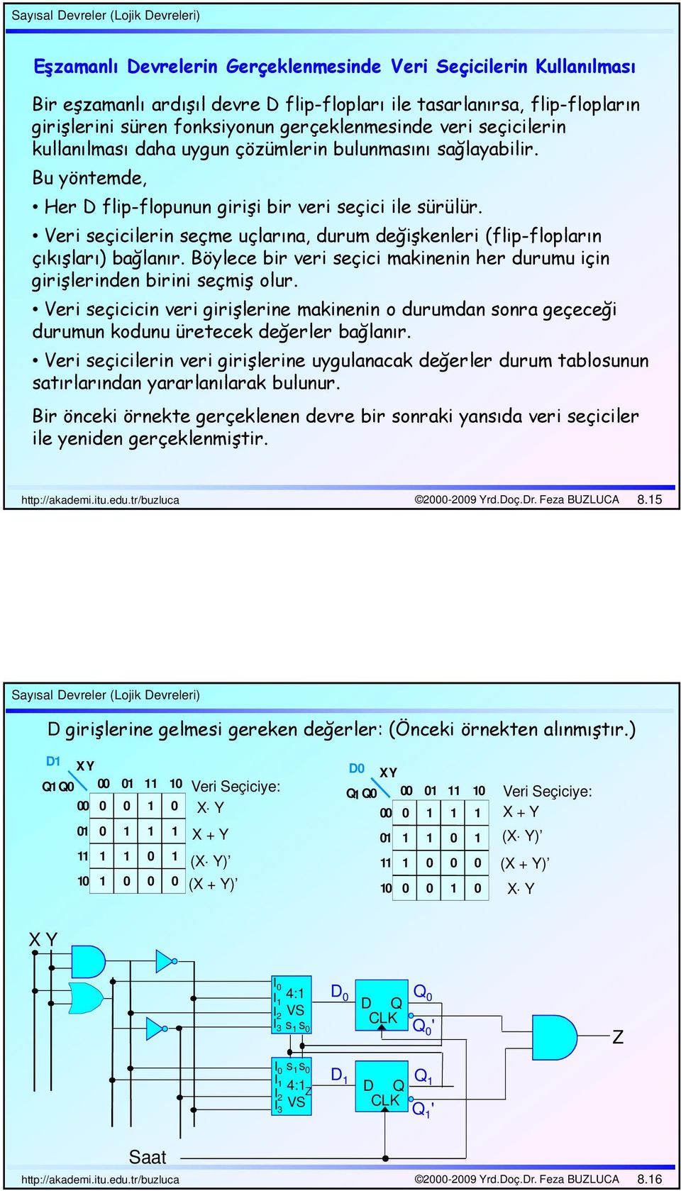 Veri seçicilerin seçme uçlarına, durum değişkenleri (flip-flopların çıkışları) bağlanır. Böylece bir veri seçici makinenin her durumu için girişlerinden birini seçmiş olur.