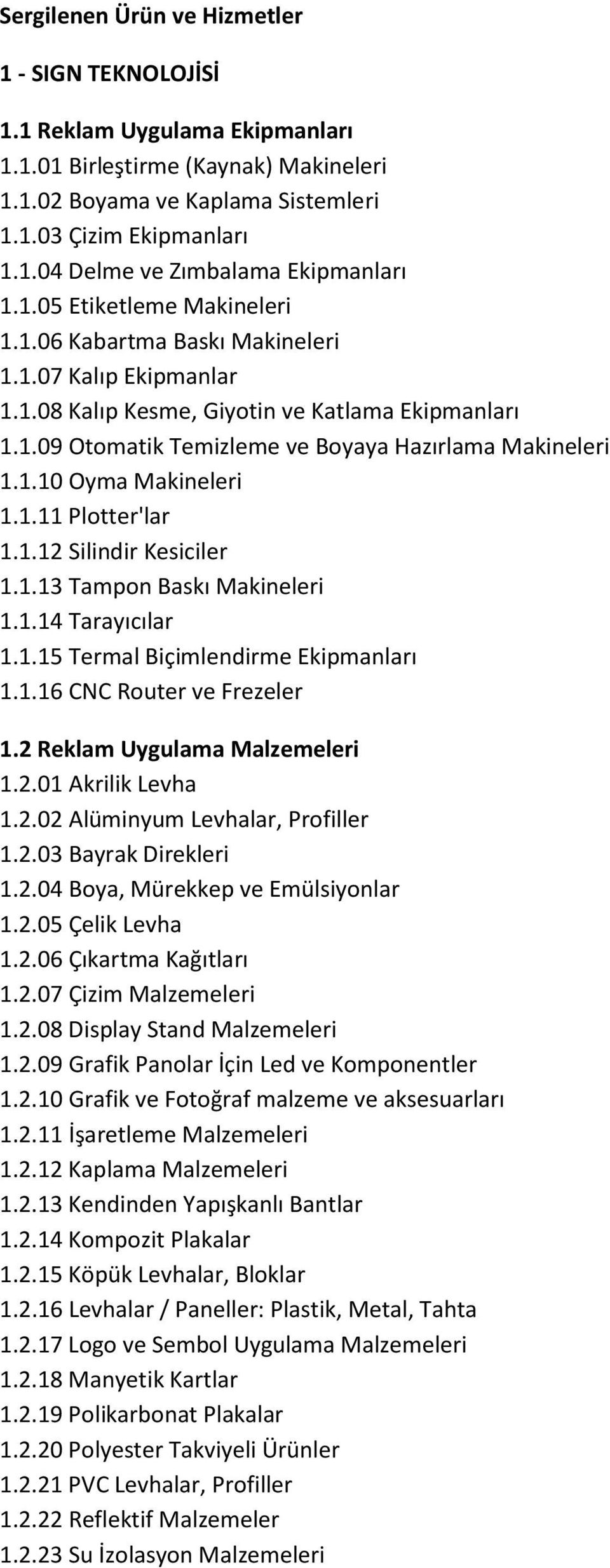 1.11 Plotter'lar 1.1.12 Silindir Kesiciler 1.1.13 Tampon Baskı Makineleri 1.1.14 Tarayıcılar 1.1.15 Termal Biçimlendirme Ekipmanları 1.1.16 CNC Router ve Frezeler 1.2 Reklam Uygulama Malzemeleri 1.2.01 Akrilik Levha 1.