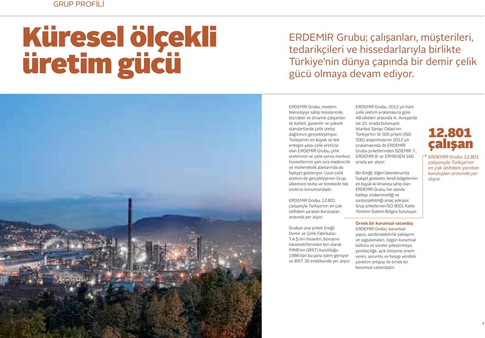 Türkiye nin en büyük ve tek entegre yassı çelik üreticisi olan ERDEMİR Grubu, çelik üretiminin ve çelik servis merkezi hizmetlerinin yanı sıra madencilik ve mühendislik alanlarında da faaliyet