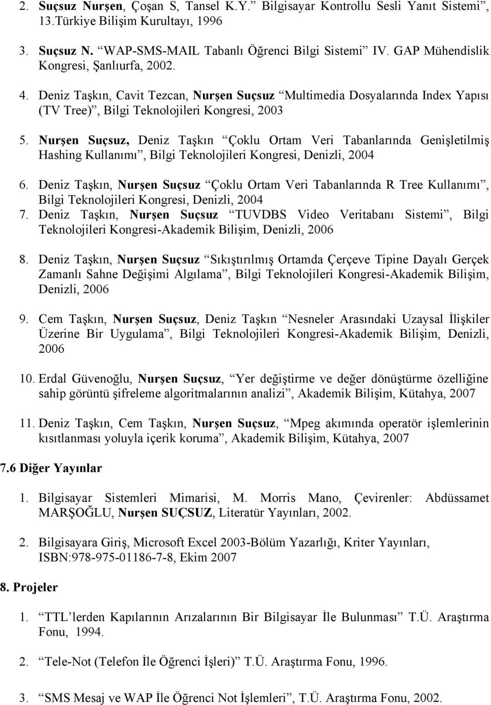 Nurşen Suçsuz, Deniz Taşkın Çoklu Ortam Veri Tabanlarında Genişletilmiş Hashing Kullanımı, Bilgi Teknolojileri Kongresi, Denizli, 2004 6.