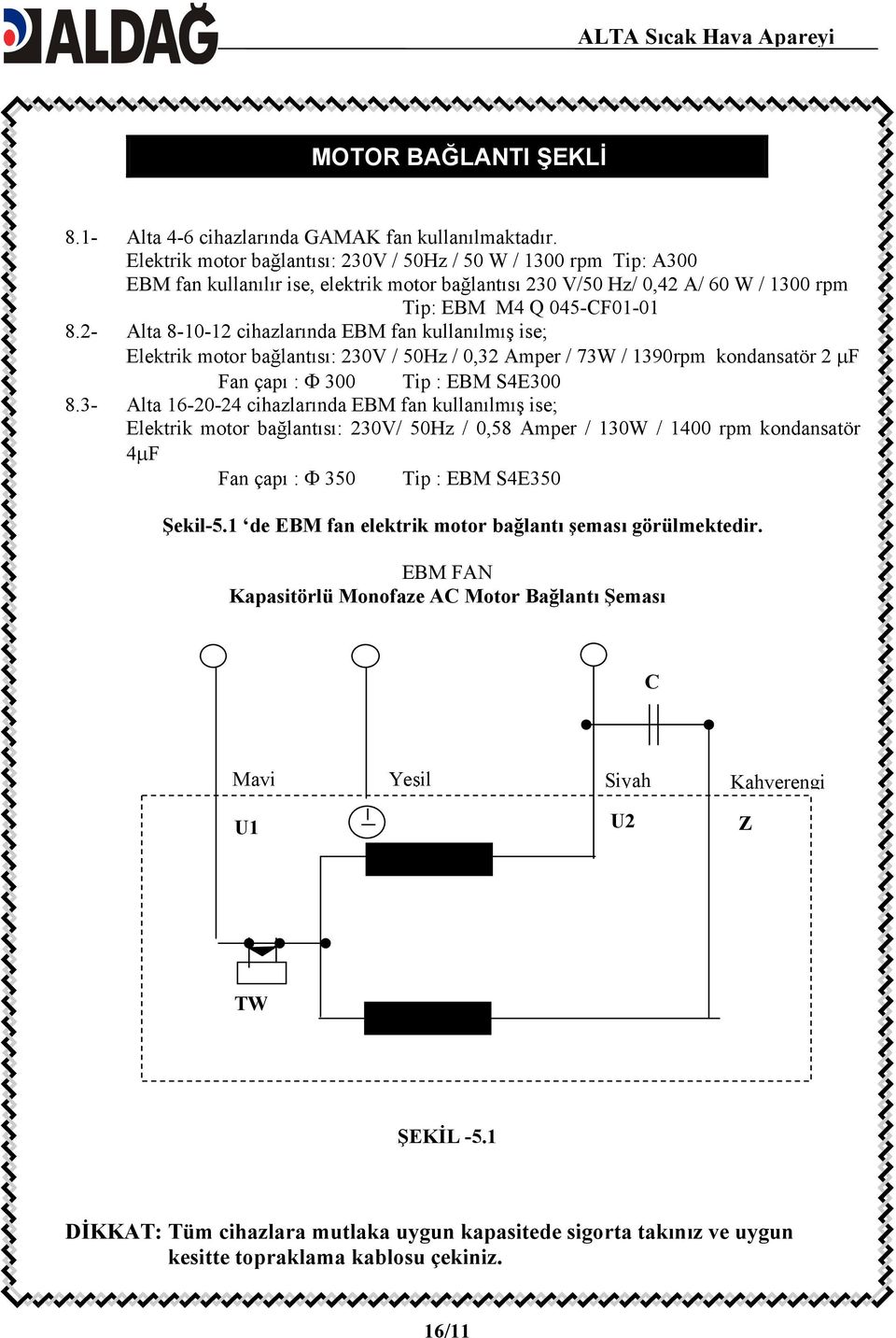 2- Alta 8-10-12 cihazlarında EBM fan kullanılmış ise; Elektrik motor bağlantısı: 230V / 50Hz / 0,32 Amper / 73W / 1390rpm kondansatör 2 μf Fan çapı : Φ 300 Tip : EBM S4E300 8.