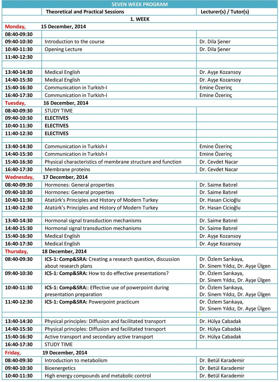 Ayşe Kozansoy 15:40 16:30 Communication in Turkish I Emine Özerinç 16:40 17:30 Communication in Turkish I Emine Özerinç Tuesday, 16 December, 2014 08:40 09:30 STUDY TIME 09:40 10:30 ELECTIVES 10:40