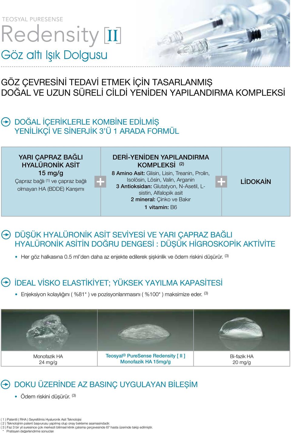 Arganin 3 Antioksidan: Glutatyon, N-Asetil, L- sistin, Alfalopik asit 2 mineral: Çinko ve Bakır 1 vitamin: B6 LİDOKAİN DÜŞÜK HYALÜRONİK ASİT SEVİYESİ VE YARI ÇAPRAZ BAĞLI HYALÜRONİK ASİTİN DOĞRU