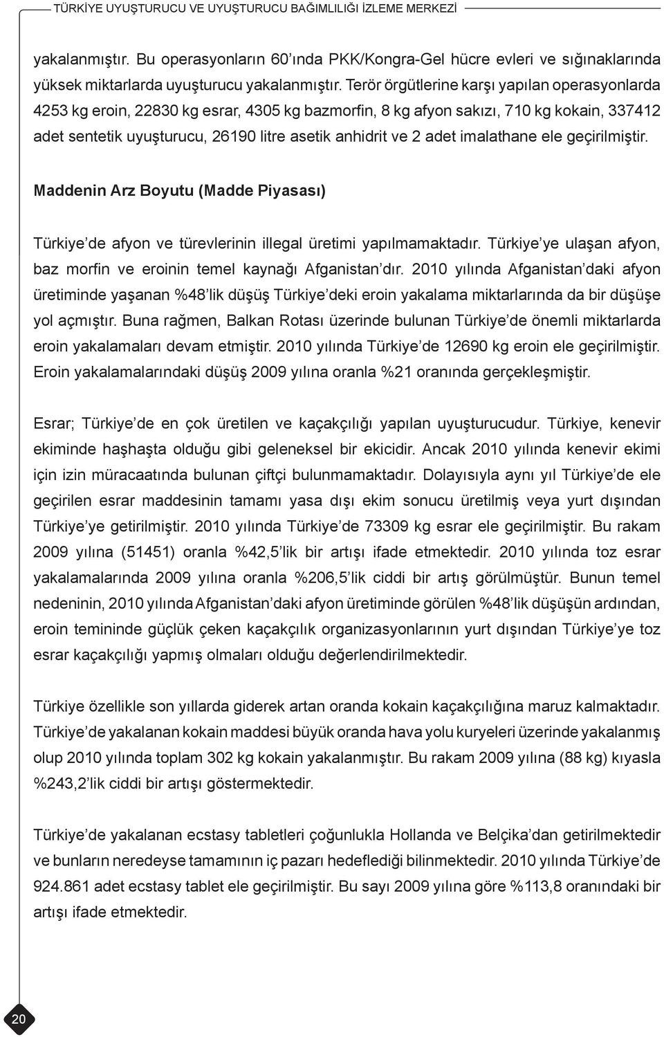 adet imalathane ele geçirilmiştir. Maddenin Arz Boyutu (Madde Piyasası) Türkiye de afyon ve türevlerinin illegal üretimi yapılmamaktadır.