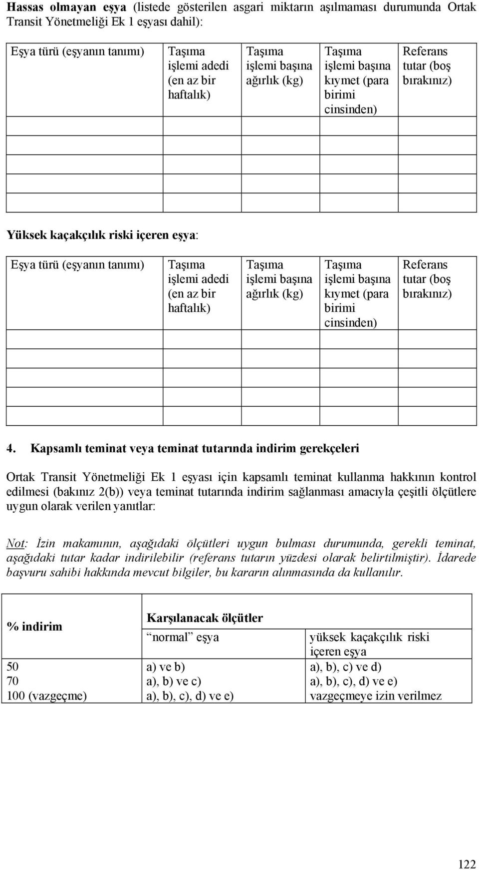 başına ağırlık (kg) işlemi başına kıymet (para birimi cinsinden) Referans tutar (boş bırakınız) 4.