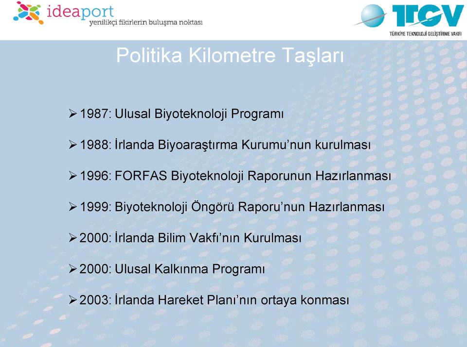 Hazırlanması 1999: Biyoteknoloji Öngörü Raporu nun Hazırlanması 2000: İrlanda