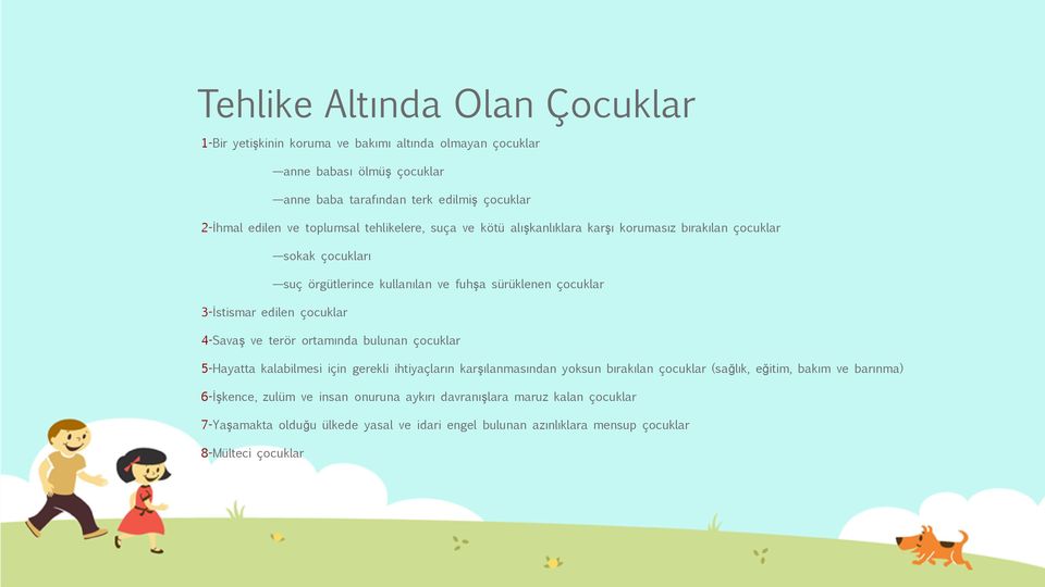 çocuklar 4-Savaş ve terör ortamında bulunan çocuklar 5-Hayatta kalabilmesi için gerekli ihtiyaçların karşılanmasından yoksun bırakılan çocuklar (sağlık, eğitim, bakım ve