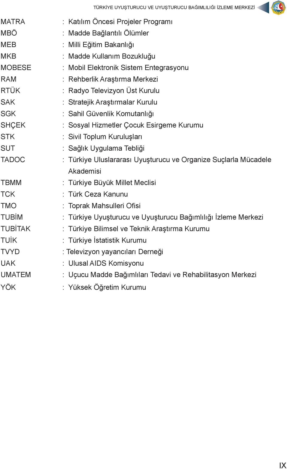 Sosyal Hizmetler Çocuk Esirgeme Kurumu : Sivil Toplum Kuruluşları : Sağlık Uygulama Tebliği : Türkiye Uluslararası Uyuşturucu ve Organize Suçlarla Mücadele Akademisi : Türkiye Büyük Millet Meclisi :