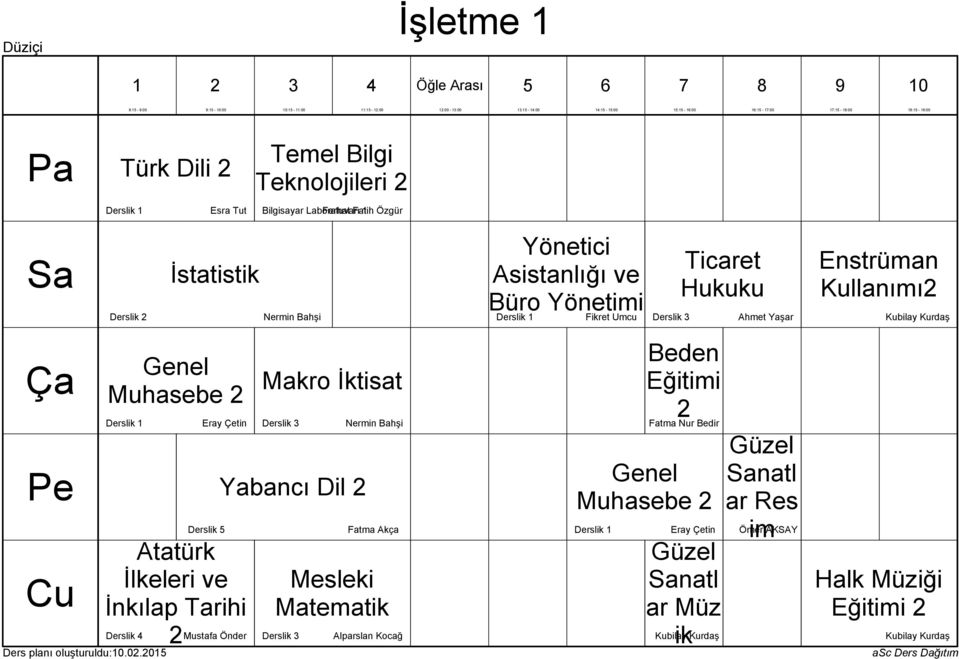 0.0 İstatistik Genel Muhasebe Derslik Atatürk İlkeleri ve İnkılap Tarihi Derslik Mustafa Önder Makro İktisat Yabancı Dil Mesleki Matematik