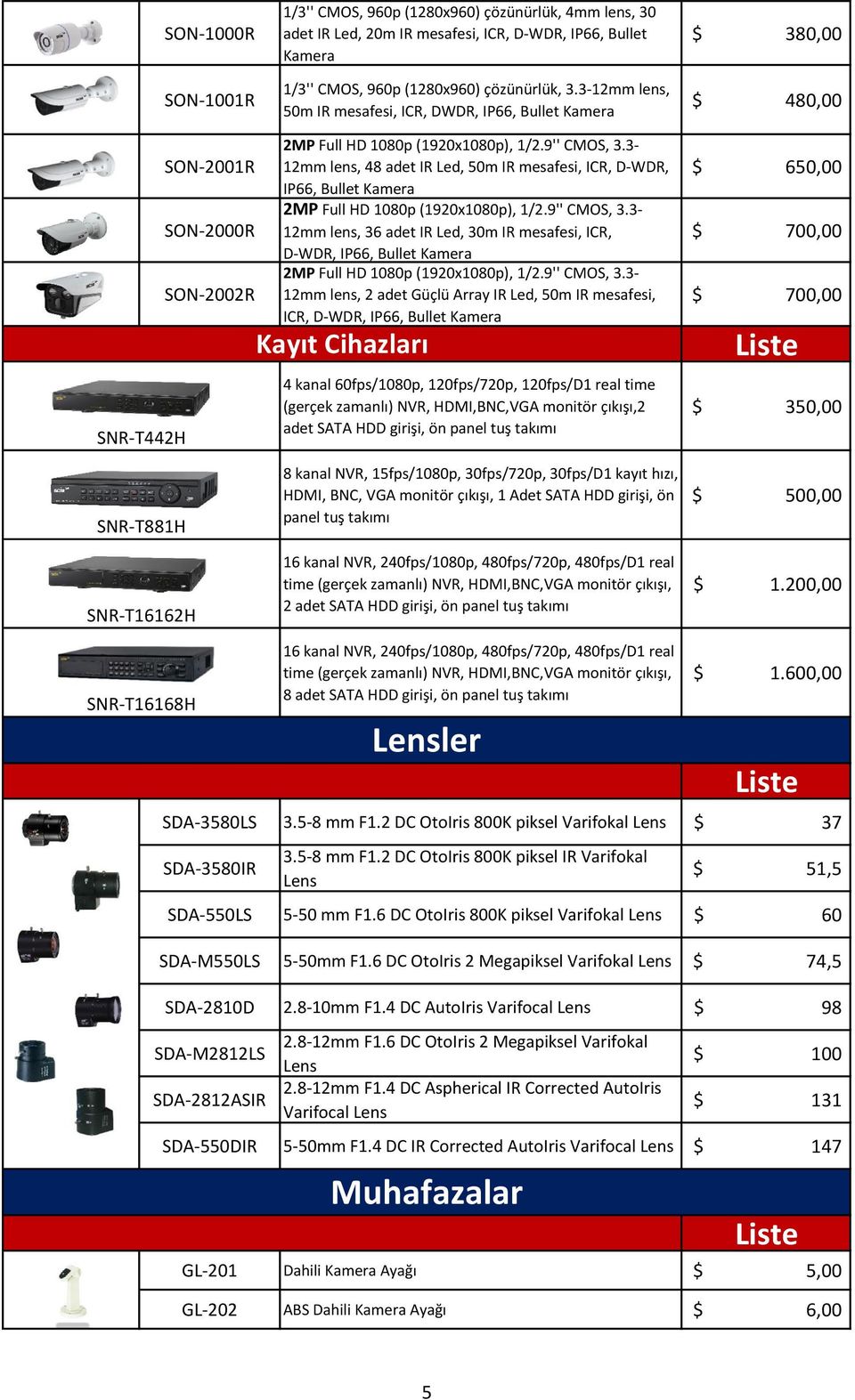 30m IR mesafesi, ICR, D-WDR, IP66, Bullet 12mm lens, 2 adet Güçlü Array IR Led, 50m IR mesafesi, ICR, D-WDR, IP66, Bullet Kayıt Cihazları 4 kanal 60fps/1080p, 120fps/720p, 120fps/D1 real time (gerçek