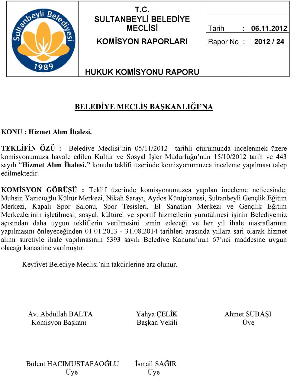 KOMİSYON GÖRÜŞÜ : Teklif üzerinde komisyonumuzca yapılan inceleme neticesinde; Muhsin Yazıcıoğlu Kültür Merkezi, Nikah Sarayı, Aydos Kütüphanesi, Sultanbeyli Gençlik Eğitim Merkezi, Kapalı Spor