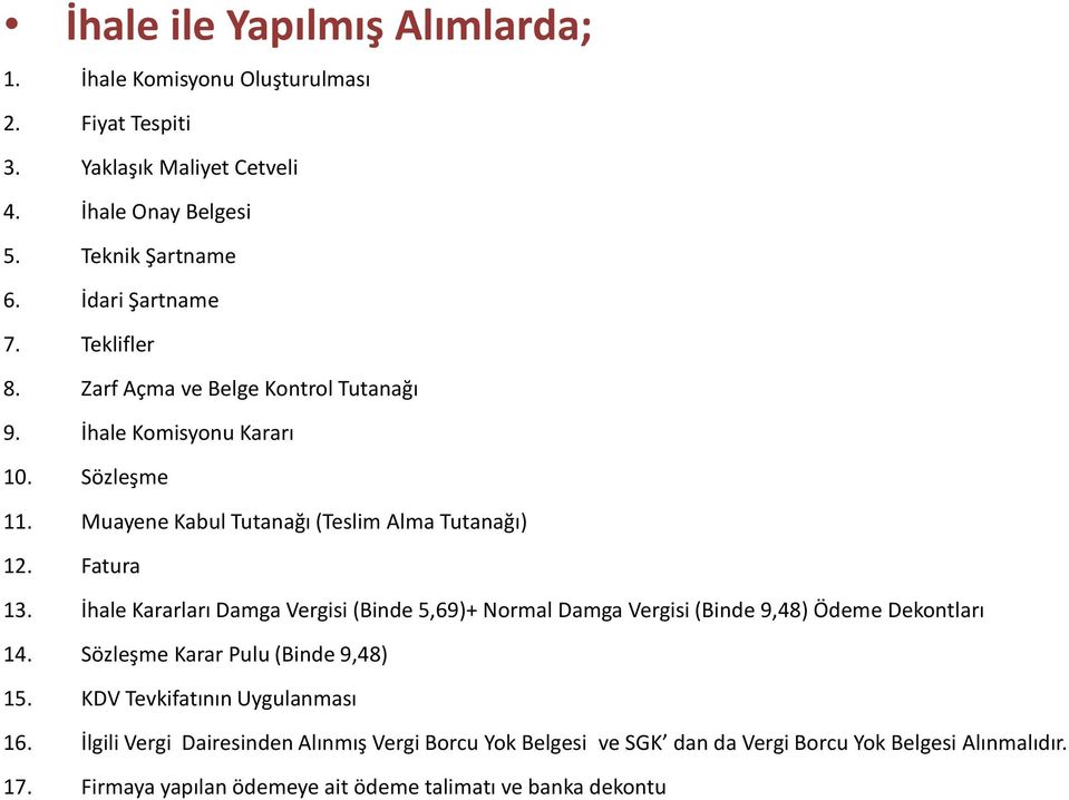 Muayene Kabul Tutanağı (Teslim Alma Tutanağı) 12. Fatura 13. İhale Kararları Damga Vergisi (Binde 5,69)+ Normal Damga Vergisi (Binde 9,48) Ödeme Dekontları 14.