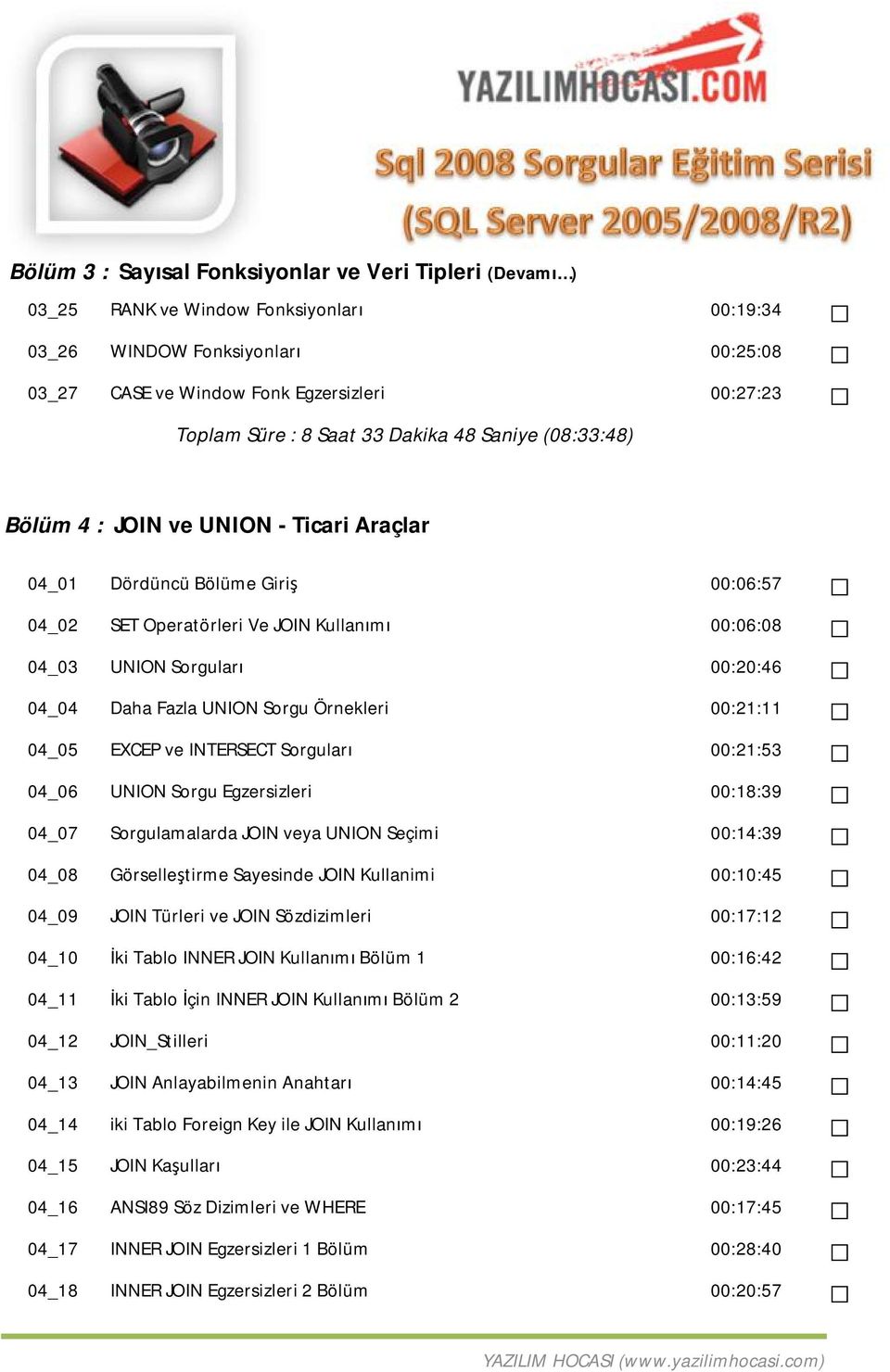 04_04 Daha Fazla UNION Sorgu Örnekleri 00:21:11 04_05 EXCEP ve INTERSECT Sorguları 00:21:53 04_06 UNION Sorgu Egzersizleri 00:18:39 04_07 Sorgulamalarda JOIN veya UNION Seçimi 00:14:39 04_08