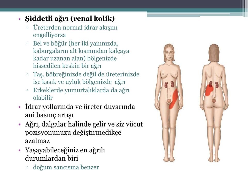 uyluk bölgenizde ağrı Erkeklerde yumurtalıklarda da ağrı olabilir İdrar yollarında ve üreter duvarında ani basınç artışı Ağrı,