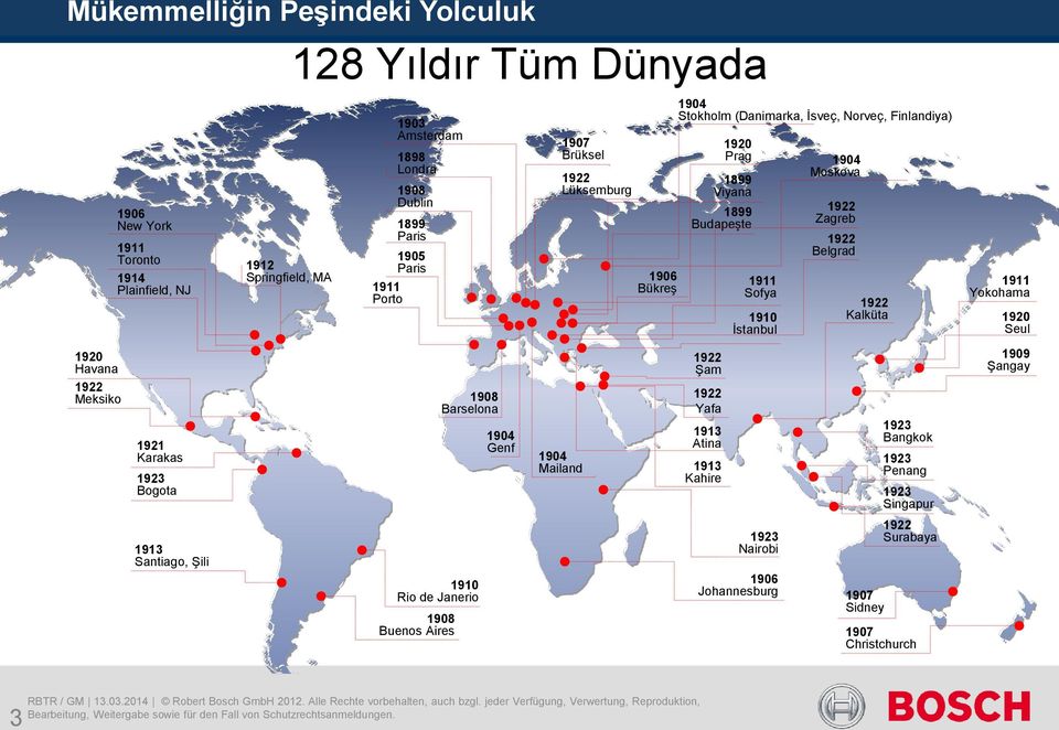 Kalküta 1904 Genf 1921 Karakas Yafa 1923 Bogota 1923 Bangkok 1913 Atina 1904 Mailand 1923 Penang 1913 Kahire 1923 Singapur 1923 Nairobi 1913 Santiago, Şili 1910 Rio de Janerio 1906 Johannesburg 1908