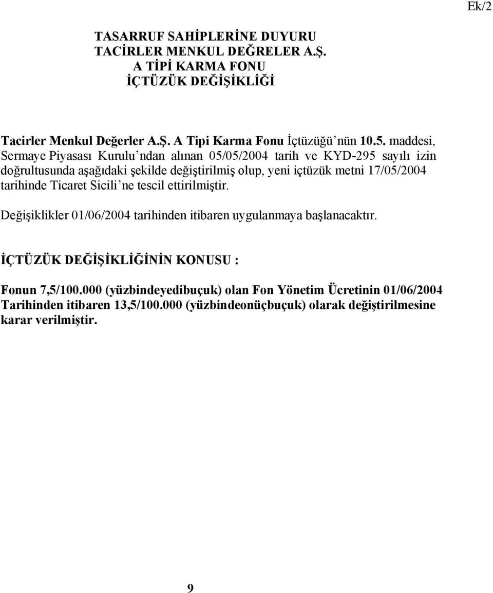 17/05/2004 tarihinde Ticaret Sicili ne tescil ettirilmiştir. Değişiklikler 01/06/2004 tarihinden itibaren uygulanmaya başlanacaktır.