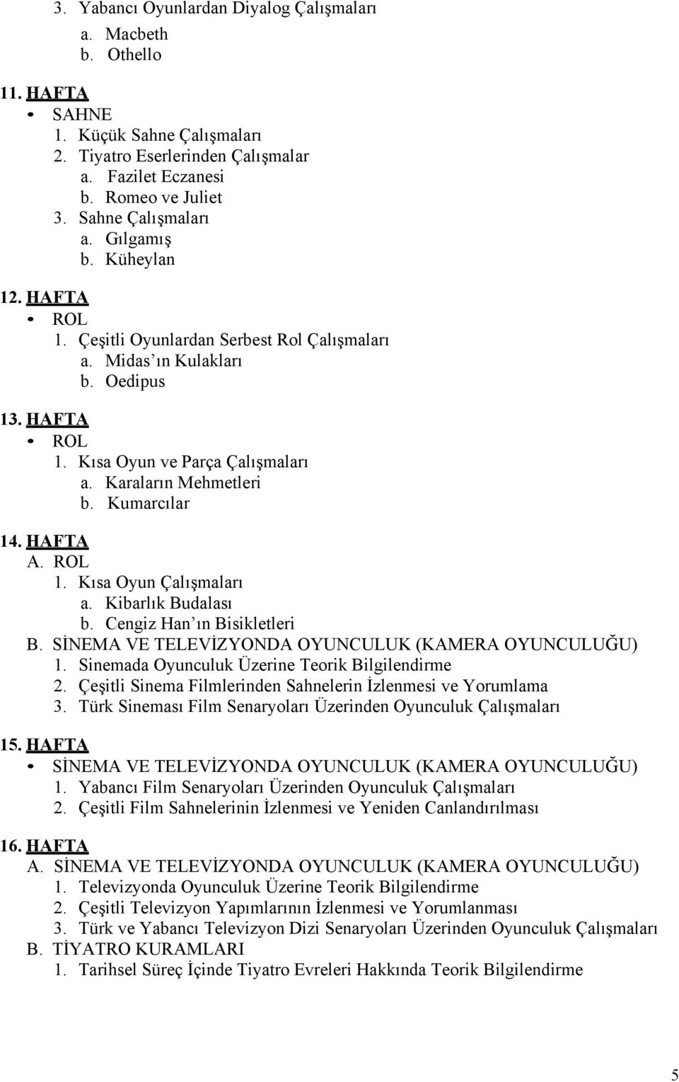 Karaların Mehmetleri b. Kumarcılar 14. HAFTA A. ROL 1. Kısa Oyun Çalışmaları a. Kibarlık Budalası b. Cengiz Han ın Bisikletleri B. SİNEMA VE TELEVİZYONDA OYUNCULUK (KAMERA OYUNCULUĞU) 1.