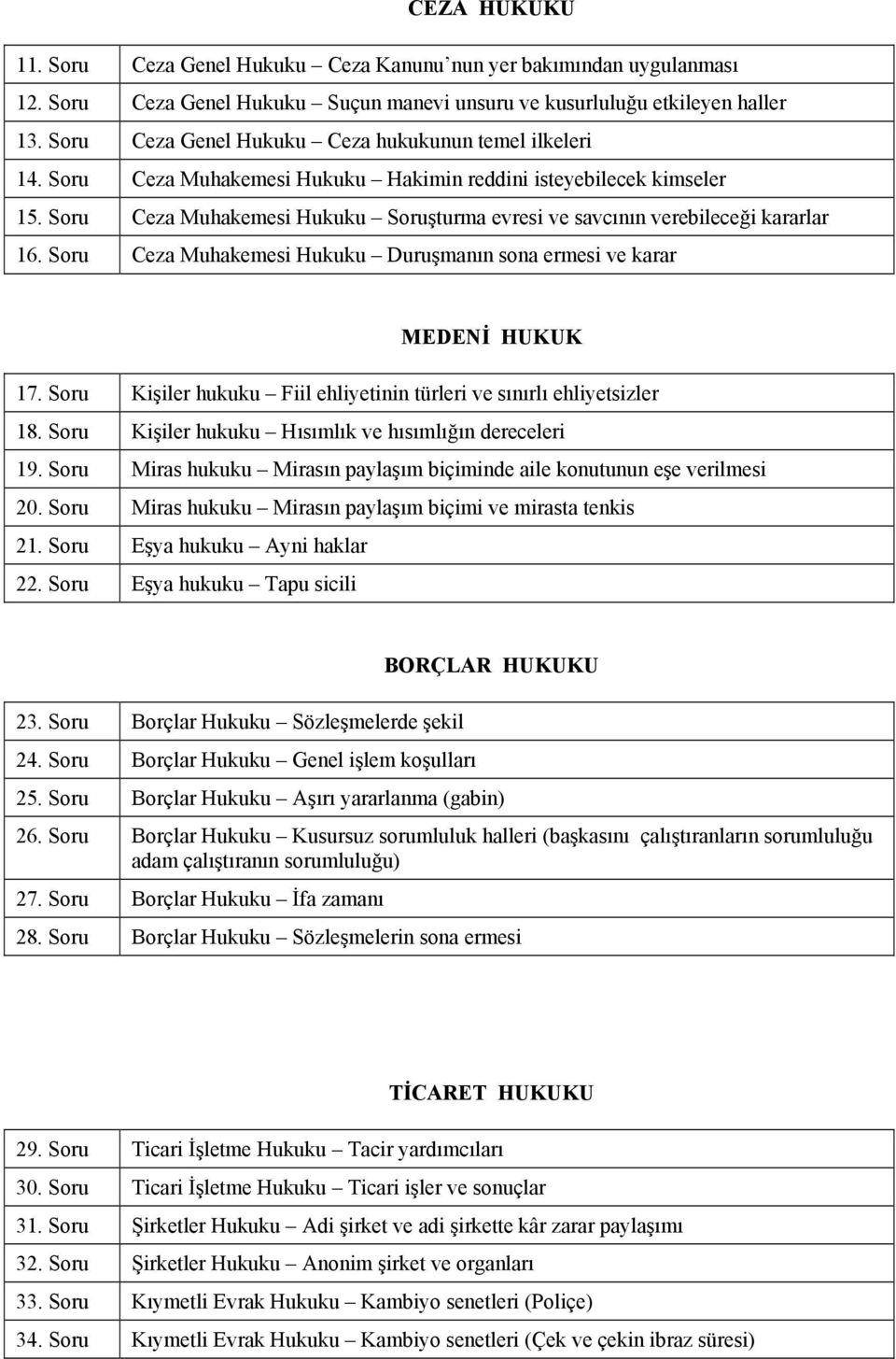 Soru Ceza Muhakemesi Hukuku Soruşturma evresi ve savcının verebileceği kararlar 16. Soru Ceza Muhakemesi Hukuku Duruşmanın sona ermesi ve karar MEDENİ HUKUK 17.