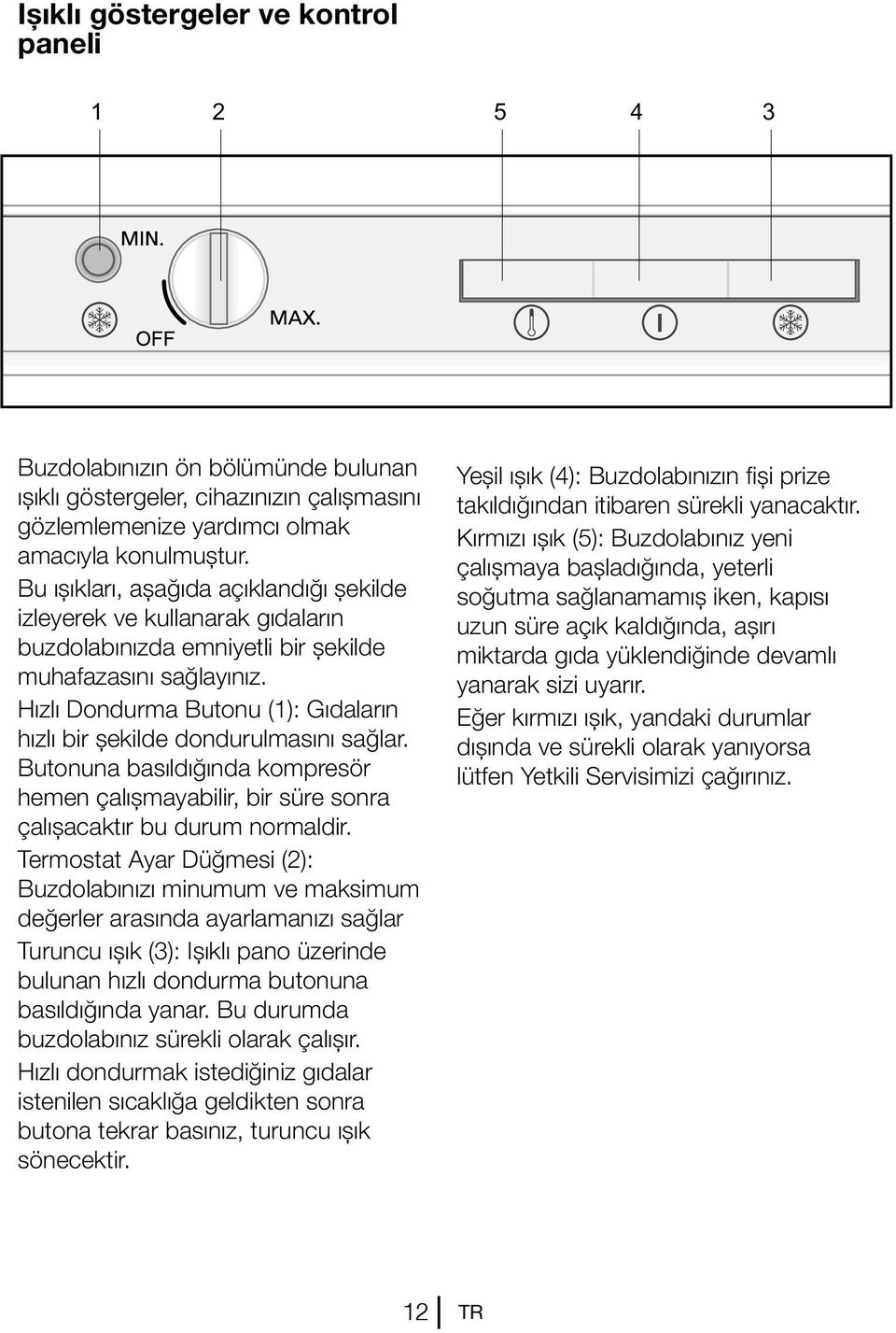 Hızlı Dondurma Butonu (1): Gıdaların hızlı bir şekilde dondurulmasını sağlar. Butonuna basıldığında kompresör hemen çalışmayabilir, bir süre sonra çalışacaktır bu durum normaldir.