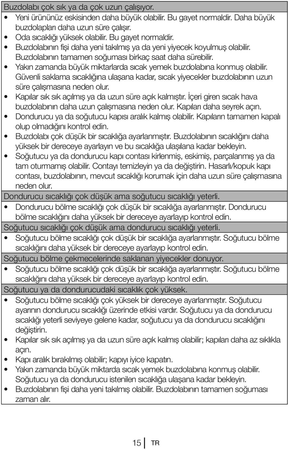 Yakın zamanda büyük miktarlarda sıcak yemek buzdolabına konmuş olabilir. Güvenli saklama sıcaklığına ulaşana kadar, sıcak yiyecekler buzdolabının uzun süre çalışmasına neden olur.