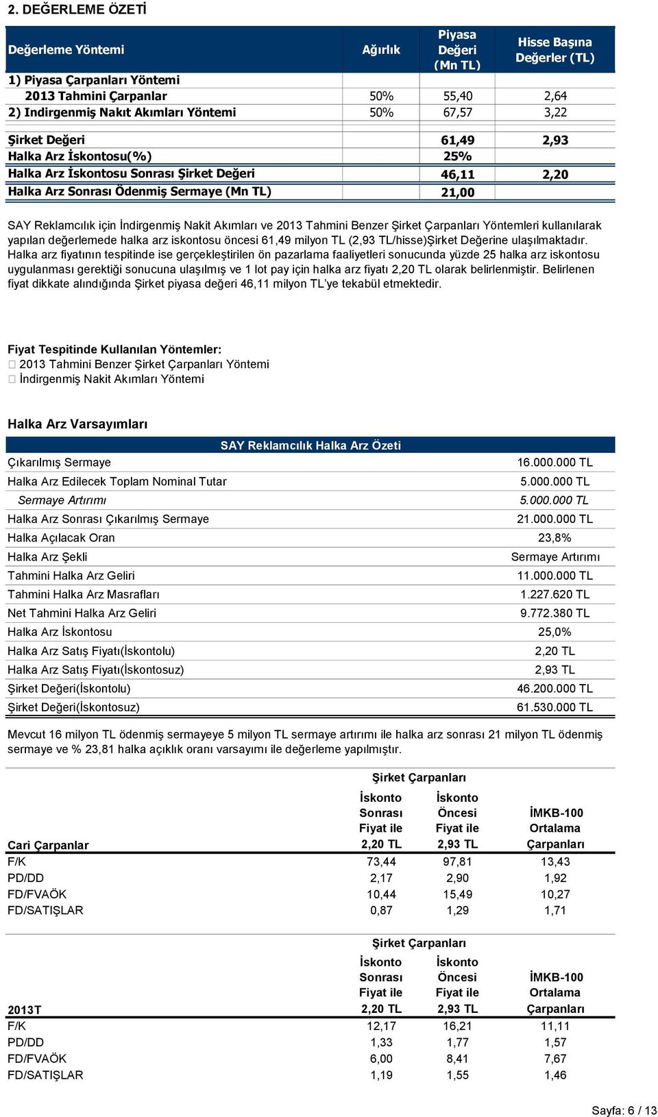 İndirgenmiş Nakit Akımları ve 2013 Tahmini Benzer Şirket Çarpanları Yöntemleri kullanılarak yapılan değerlemede halka arz iskontosu öncesi 61,49 milyon TL (2,93 TL/hisse)Şirket Değerine