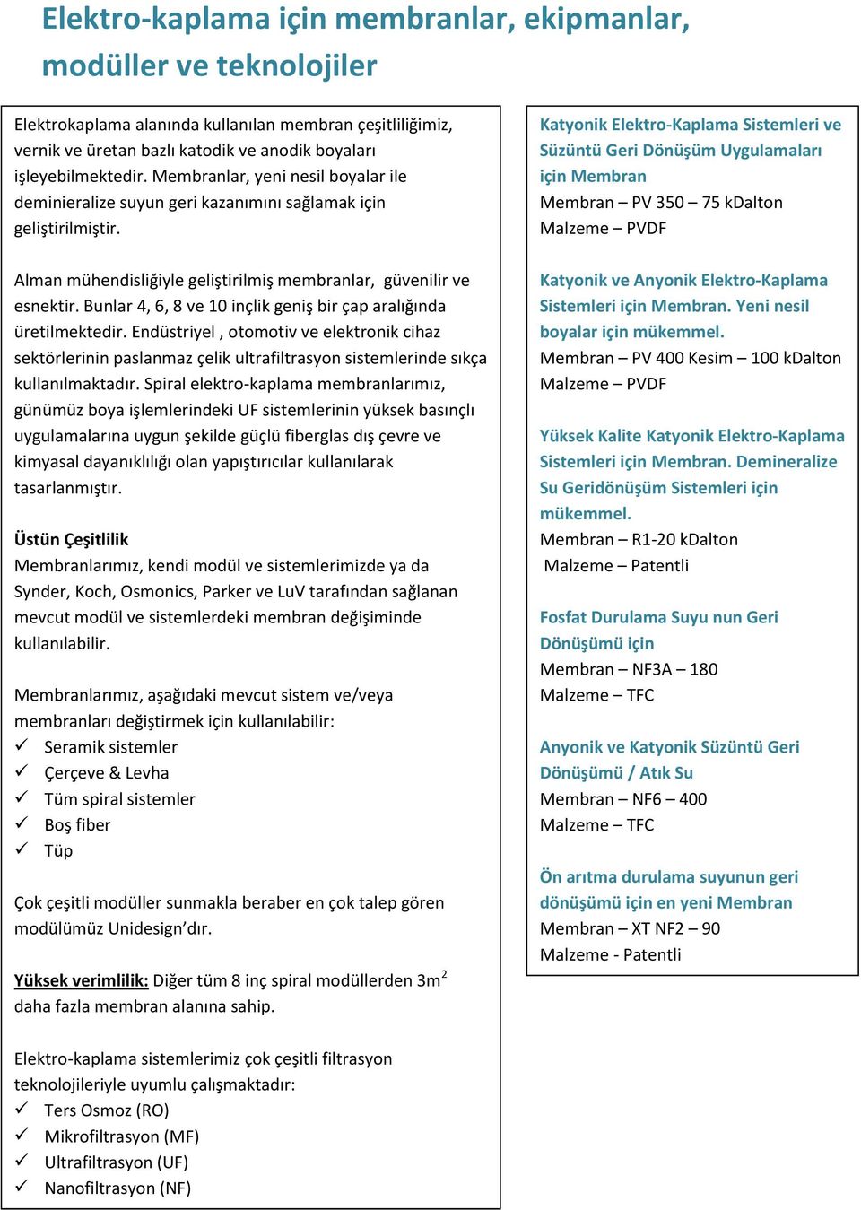 Bunlar 4, 6, 8 ve 10 inçlik geniş bir çap aralığında üretilmektedir. Endüstriyel, otomotiv ve elektronik cihaz sektörlerinin paslanmaz çelik ultrafiltrasyon sistemlerinde sıkça kullanılmaktadır.