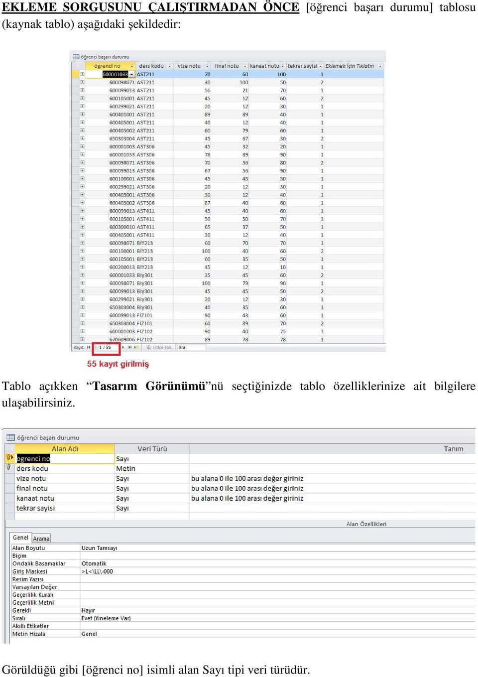 Görünümü nü seçtiğinizde tablo özelliklerinize ait bilgilere