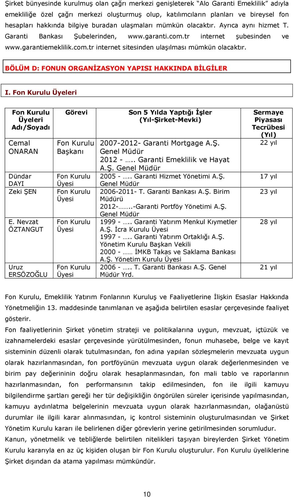 BÖLÜM D: FONUN ORGANİZASYON YAPISI HAKKINDA BİLGİLER I. Fon Kurulu Üyeleri Fon Kurulu Üyeleri Adı/Soyadı Cemal ONARAN Dündar DAYI Zeki ŞEN E.