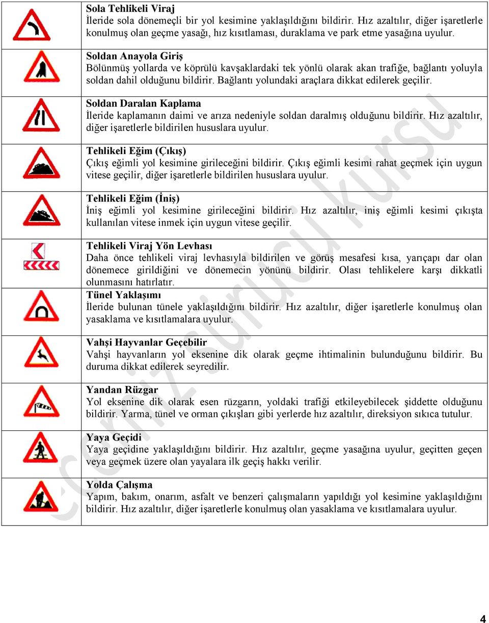 Soldan Anayola Giriş Bölünmüş yollarda ve köprülü kavşaklardaki tek yönlü olarak akan trafiğe, bağlantı yoluyla soldan dahil olduğunu bildirir. Bağlantı yolundaki araçlara dikkat edilerek geçilir.