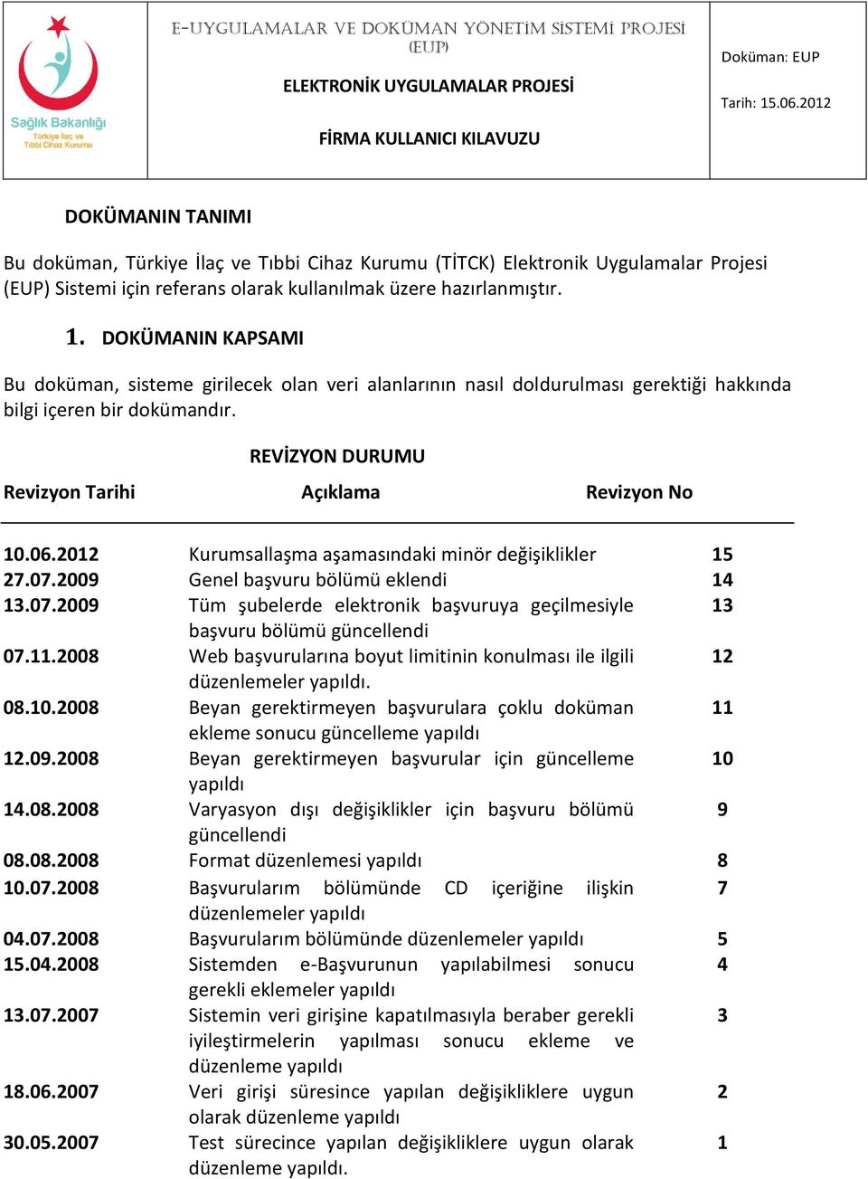 2012 27.07.2009 Kurumsallaşma aşamasındaki minör değişiklikler Genel başvuru bölümü eklendi 15 14 13.07.2009 Tüm şubelerde elektronik başvuruya geçilmesiyle 13 başvuru bölümü güncellendi 07.11.