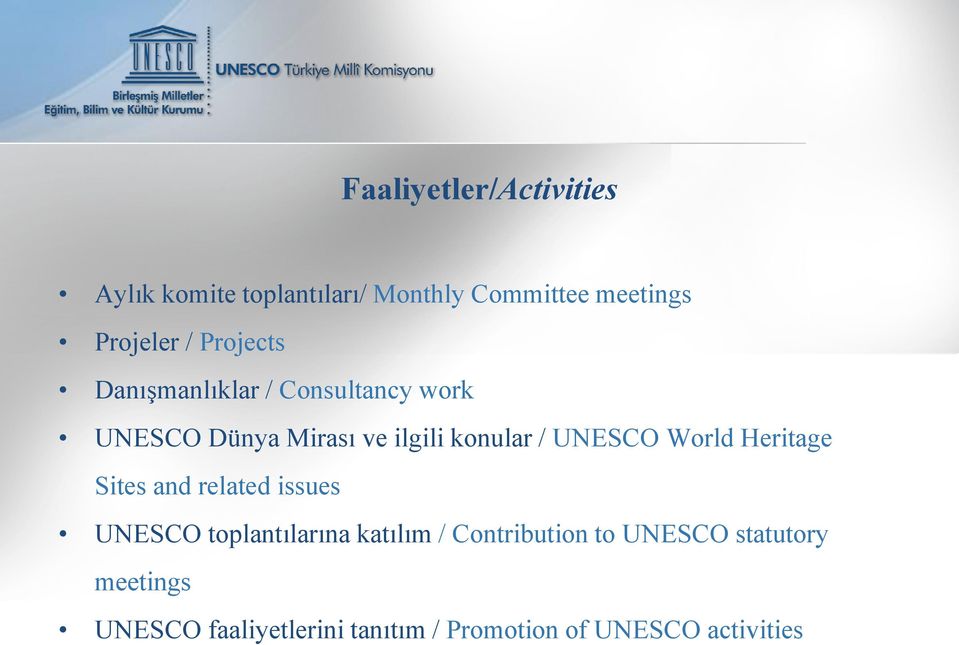 UNESCO World Heritage Sites and related issues UNESCO toplantılarına katılım /