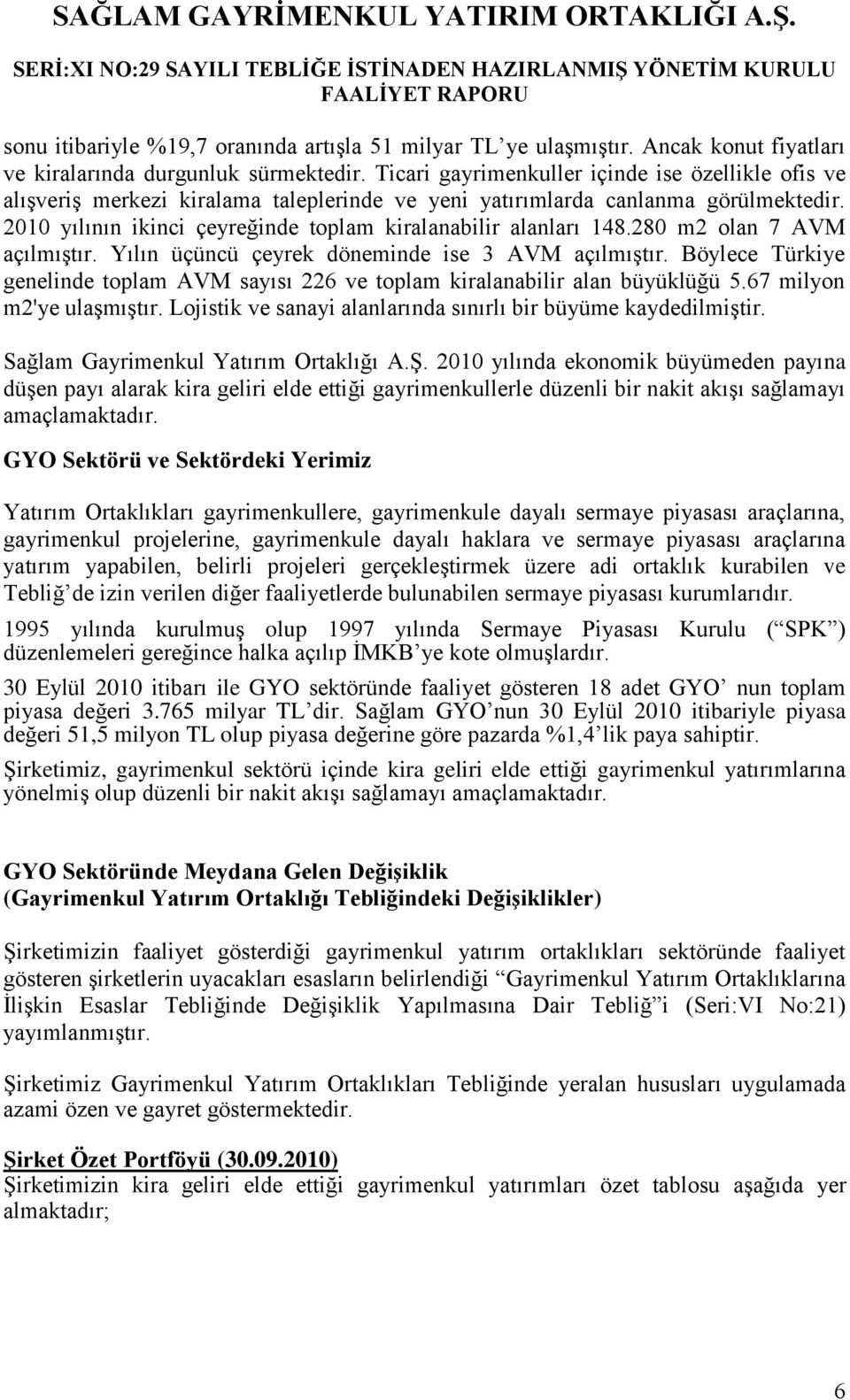 2010 yılının ikinci çeyreğinde toplam kiralanabilir alanları 148.280 m2 olan 7 AVM açılmıģtır. Yılın üçüncü çeyrek döneminde ise 3 AVM açılmıģtır.