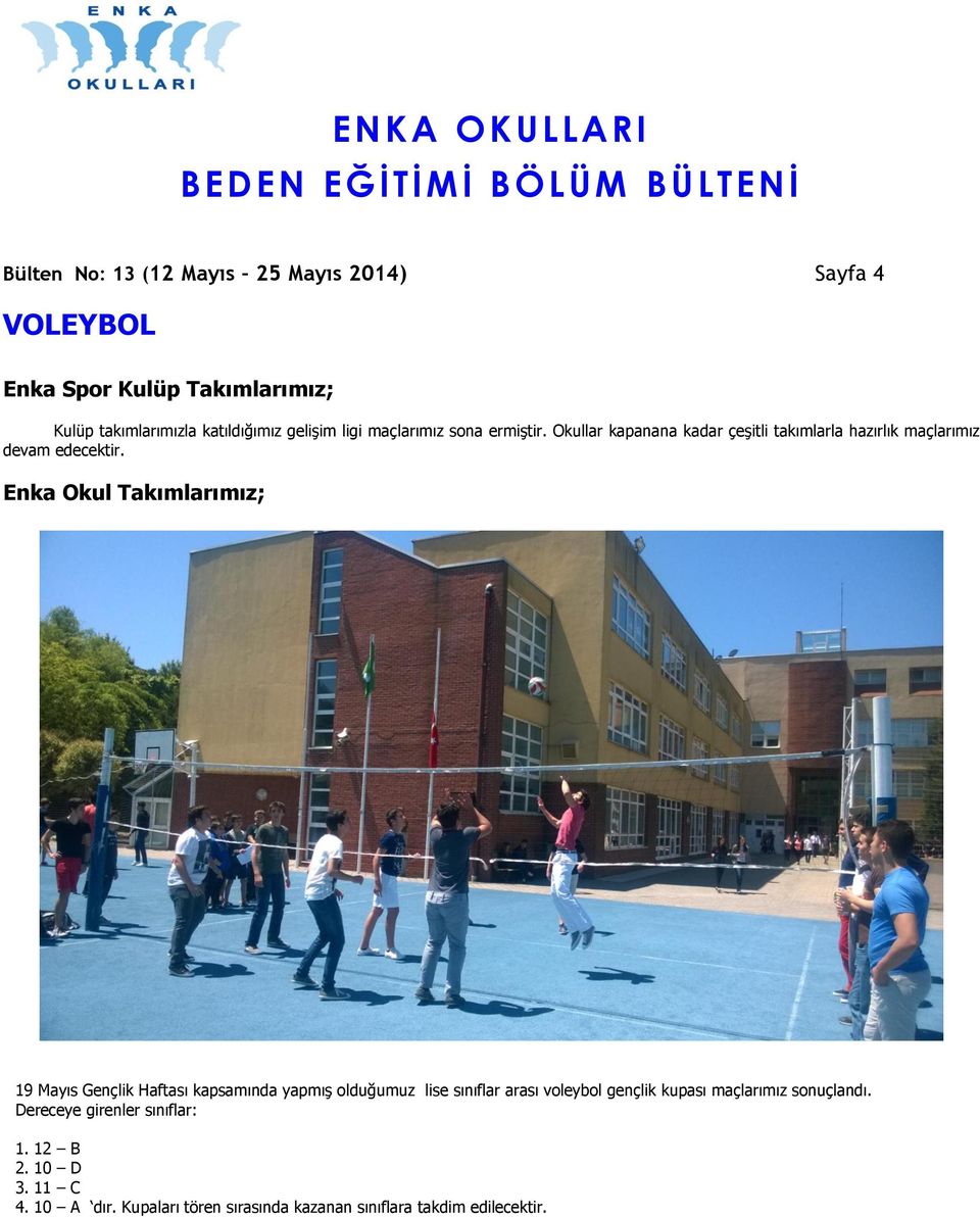 Enka Okul Takımlarımız; 19 Mayıs Gençlik Haftası kapsamında yapmış olduğumuz lise sınıflar arası voleybol gençlik kupası