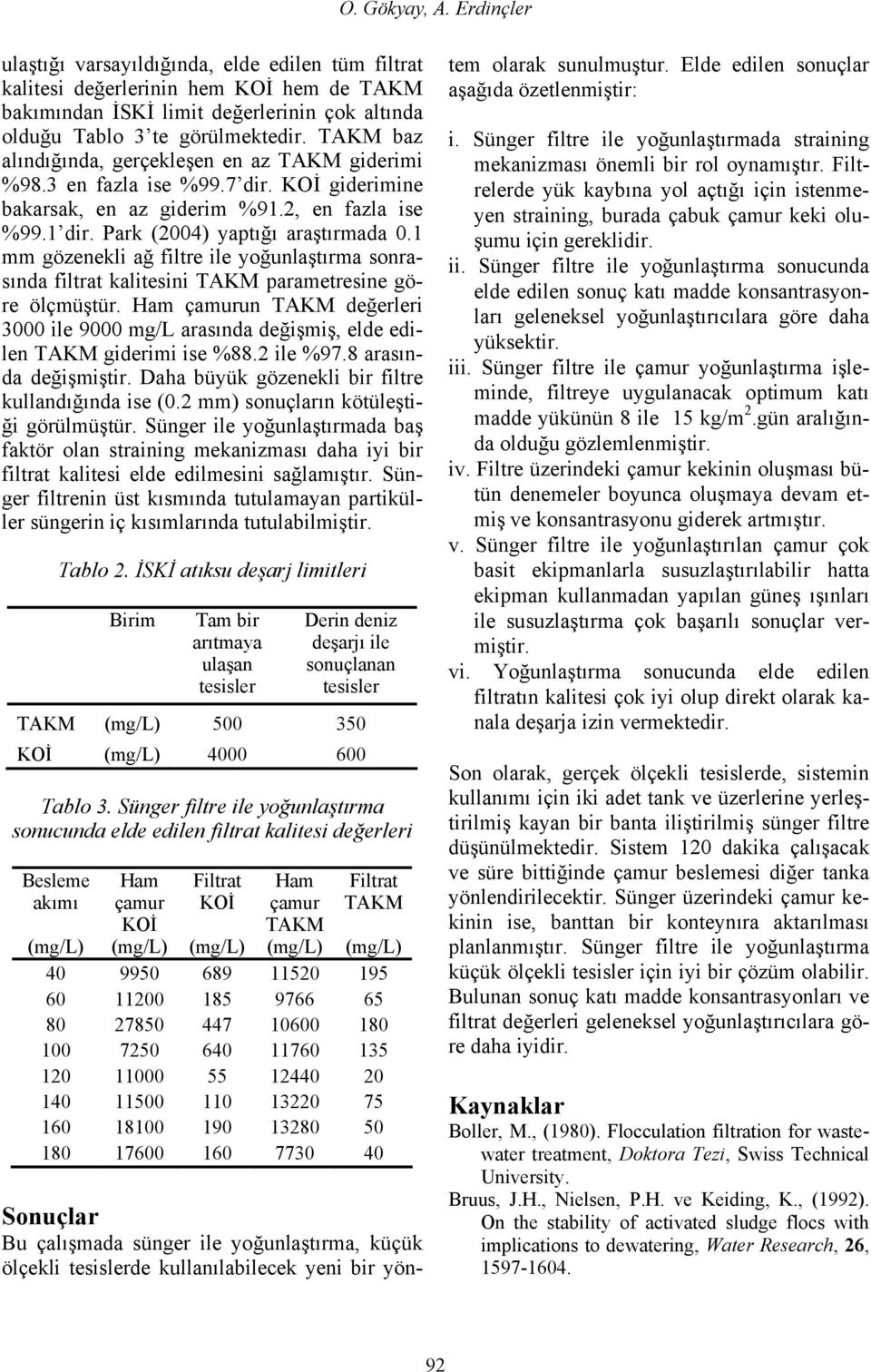 1 mm gözenekli ağ filtre ile yoğunlaştırma sonrasında filtrat kalitesini TAKM parametresine göre ölçmüştür.