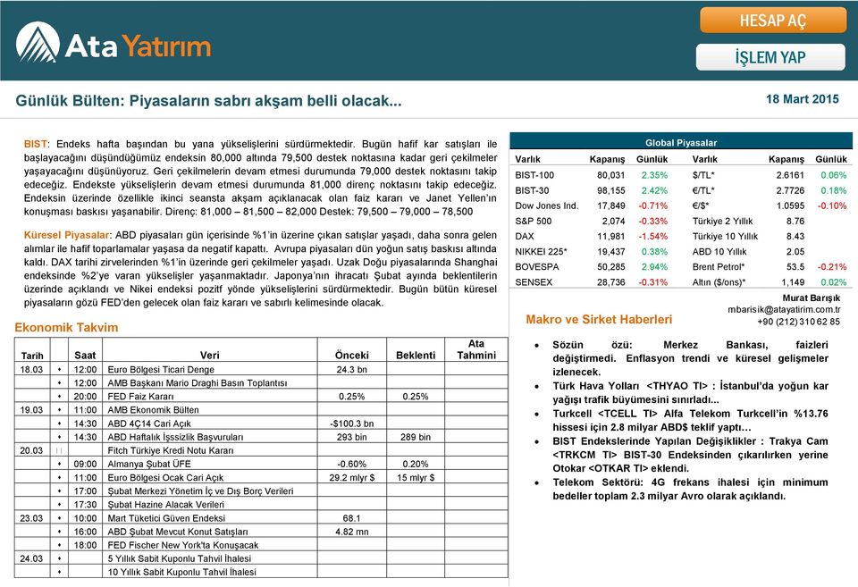 Geri çekilmelerin devam etmesi durumunda 79,000 destek noktasını takip edeceğiz. Endekste yükselişlerin devam etmesi durumunda 81,000 direnç noktasını takip edeceğiz.