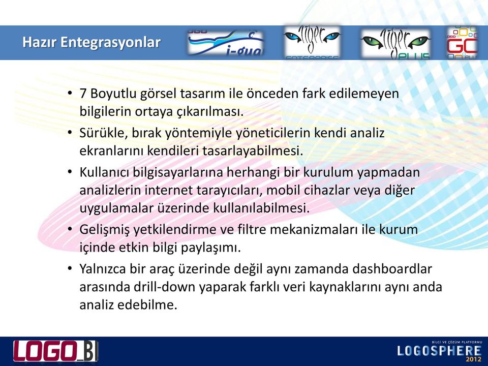 Kullanıcı bilgisayarlarına herhangi bir kurulum yapmadan analizlerin internet tarayıcıları, mobil cihazlar veya diğer uygulamalar üzerinde