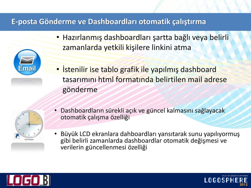 adrese gönderme Dashboardların sürekli açık ve güncel kalmasını sağlayacak otomatik çalışma özelliği Büyük LCD ekranlara