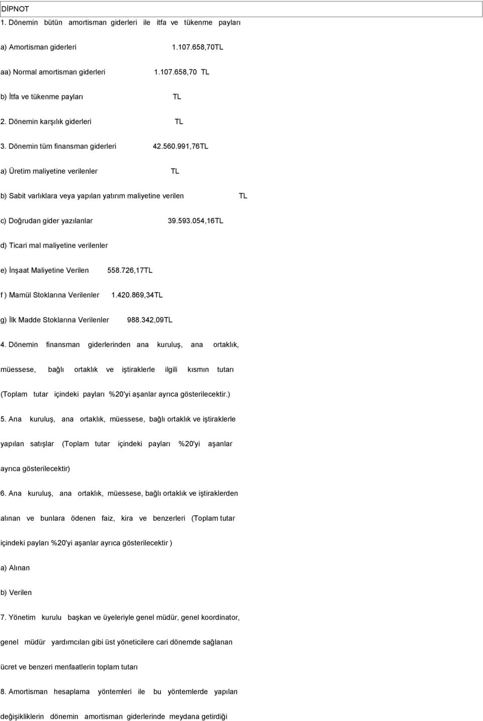 991,76TL a) Üretim maliyetine verilenler TL b) Sabit varlıklara veya yapılan yatırım maliyetine verilen TL c) Doğrudan gider yazılanlar 39.593.