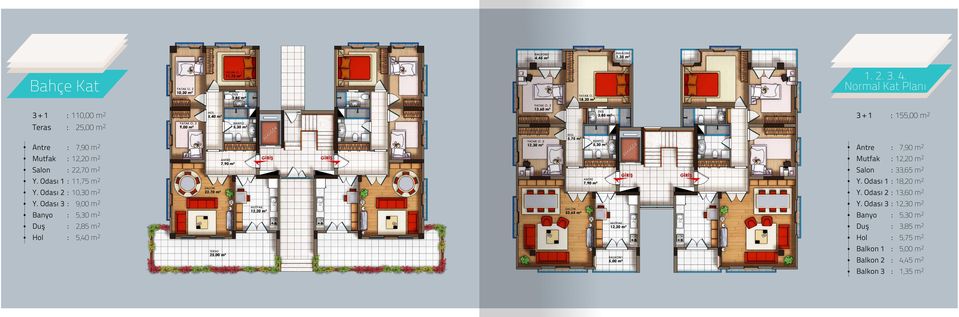 Odası 1 : 11,75 m 2 Y. Odası 2 : 10,30 m 2 Y.