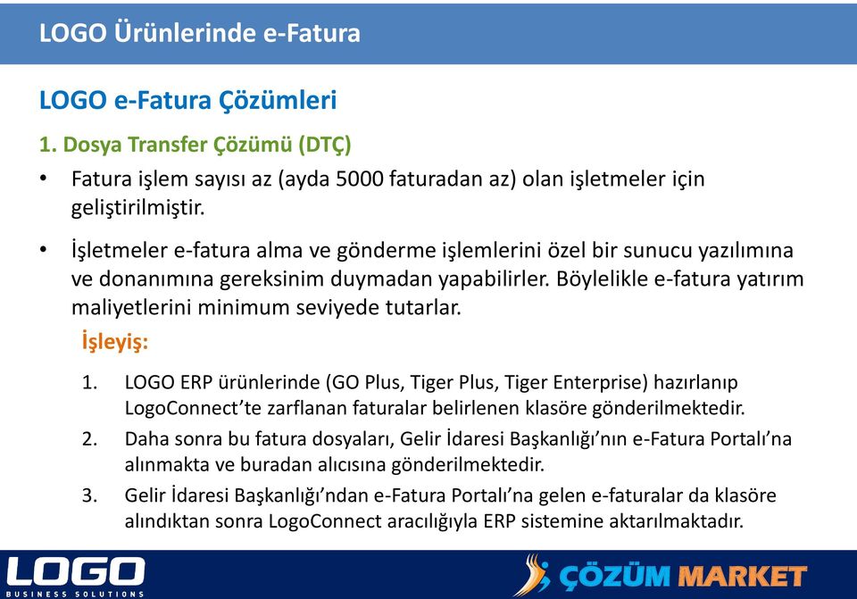 İşleyiş: 1. LOGO ERP ürünlerinde (GO Plus, Tiger Plus, Tiger Enterprise) hazırlanıp LogoConnect te zarflanan faturalar belirlenen klasöre gönderilmektedir. 2.