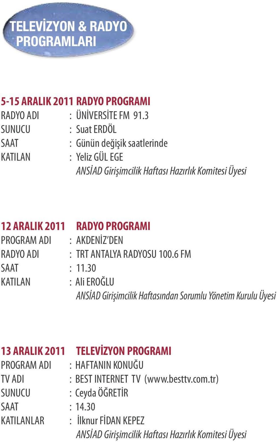 PROGRAMI PROGRAM ADI : AKDENİZ DEN RADYO ADI : TRT ANTALYA RADYOSU 100.6 FM SAAT : 11.