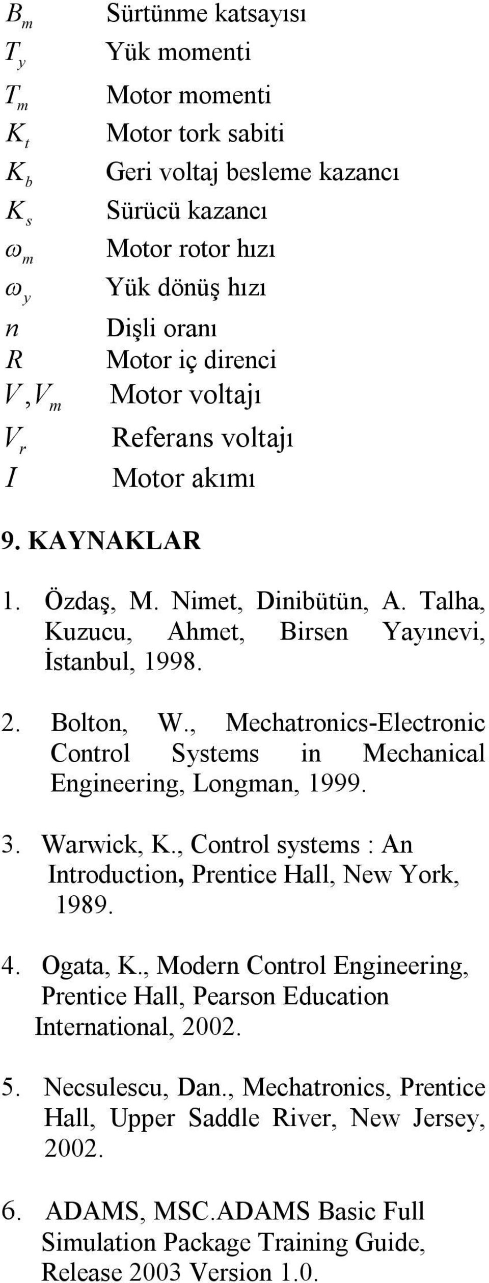 , Mechatronic-Electronic Control Ste in Mechanical Engineering, Longan, 999. 3. Warwick,., Control te : An Introduction, Prentice Hall, New York, 989. 4. Ogata,.