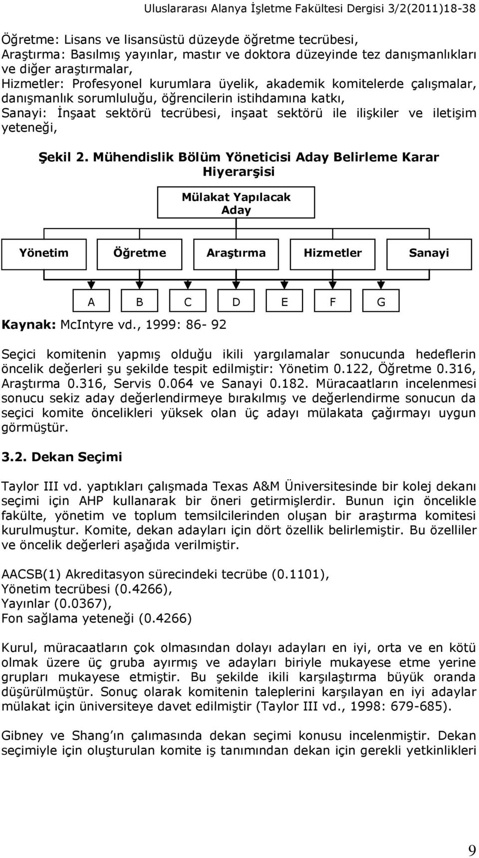 ile ilişkiler ve iletişim yeteneği, Şekil 2. Mühendislik Bölüm Yöneticisi Aday Belirleme Karar Hiyerarşisi Mülakat Yapılacak Aday Yönetim Öğretme Araştırma Hizmetler Sanayi Kaynak: McIntyre vd.