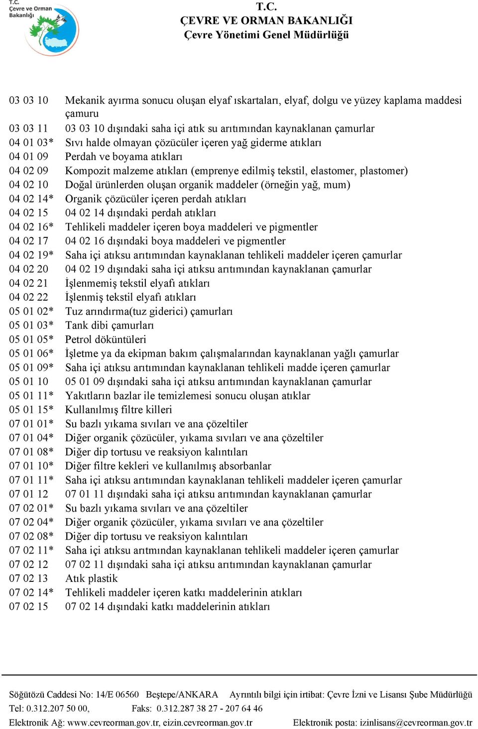 oluşan organik maddeler (örneğin yağ, mum) 04 02 14* Organik çözücüler içeren perdah atıkları 04 02 15 04 02 14 dışındaki perdah atıkları 04 02 16* Tehlikeli maddeler içeren boya maddeleri ve