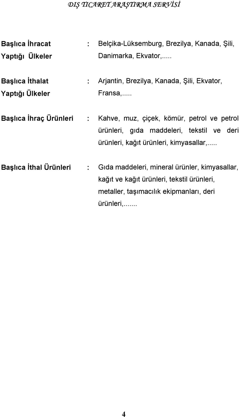 .. Başlıca İhraç Ürünleri : Kahve, muz, çiçek, kömür, petrol ve petrol ürünleri, gıda maddeleri, tekstil ve deri ürünleri,