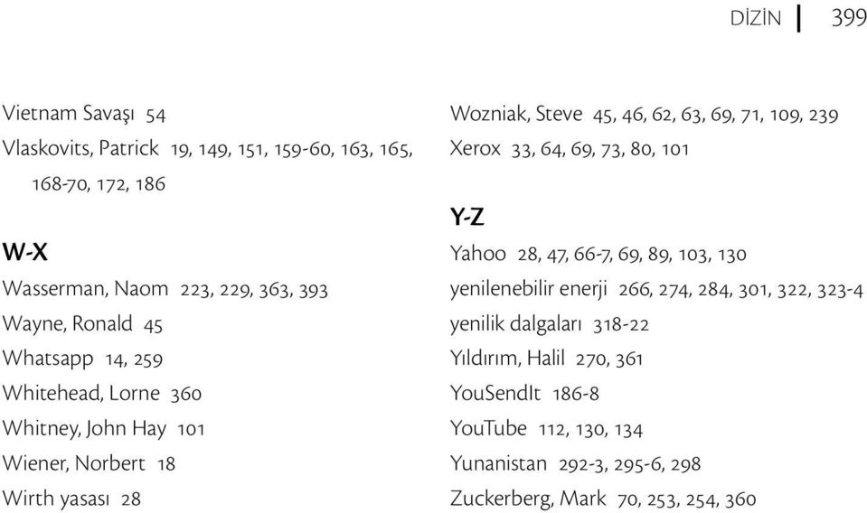 71, 109, 239 Xerox 33, 64, 69, 73, 80, 101 Y-Z Yahoo 28, 47, 66-7, 69, 89, 103, 130 yenilenebilir enerji 266, 274, 284, 301, 322, 323-4