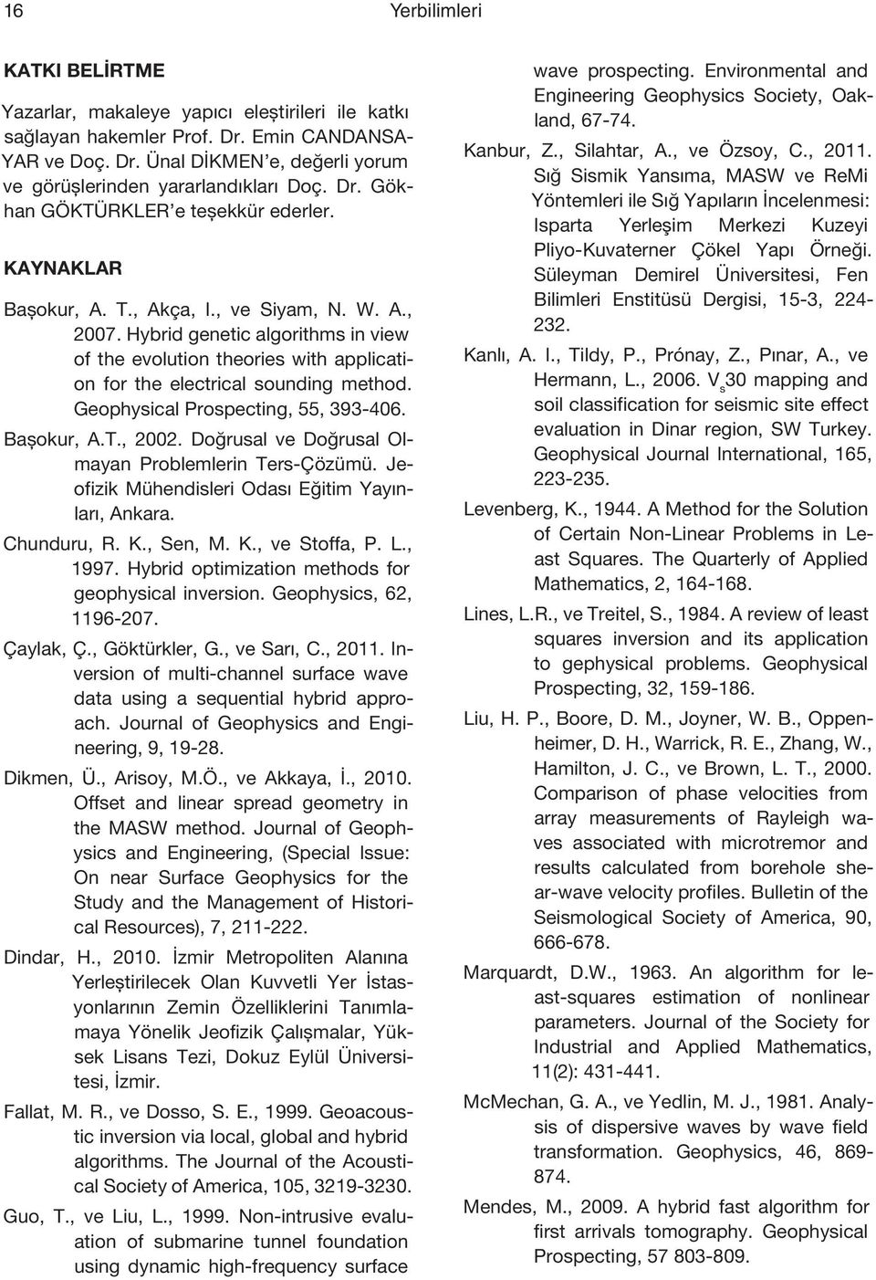 Hybrid genetic algorithms in view of the evolution theories with application for the electrical sounding method. Geophysical Prospecting, 55, 393-406. Başokur, A.T., 2002.