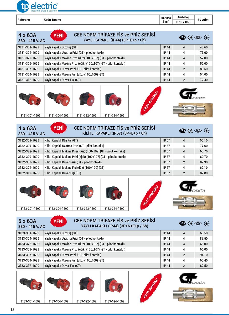 00 3131-307-1699 Yaylı Kapaklı Duvar Prizi (GT - pilot kontaklı) IP 44 2 80.50 3131-324-1699 Yaylı Kapaklı Makine Fişi (düz) (100x100) (GT) IP 44 4 54.