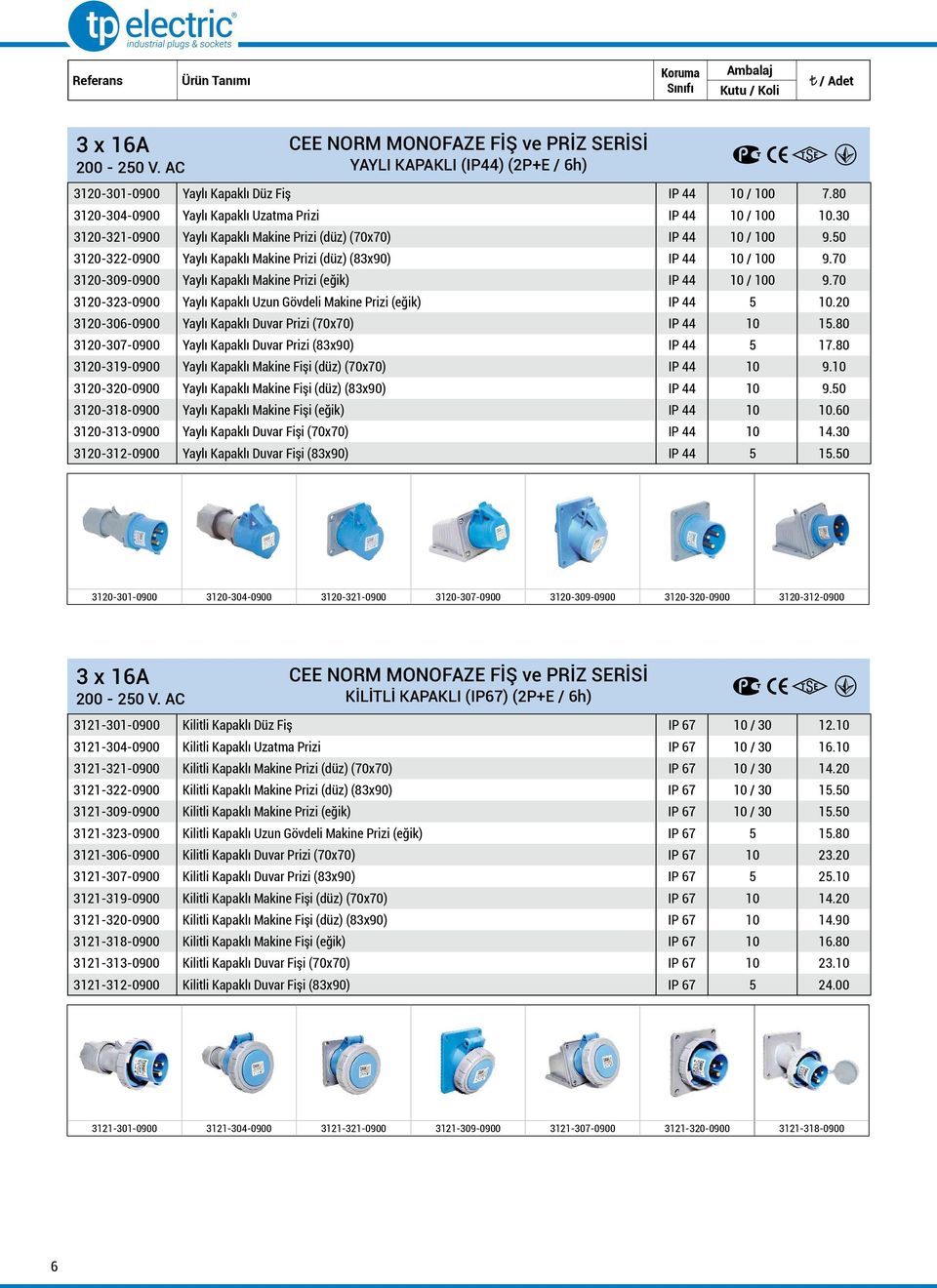 50 3120-322-0900 Yaylı Kapaklı Makine Prizi (düz) (83x90) IP 44 10 / 100 9.70 3120-309-0900 Yaylı Kapaklı Makine Prizi (eğik) IP 44 10 / 100 9.